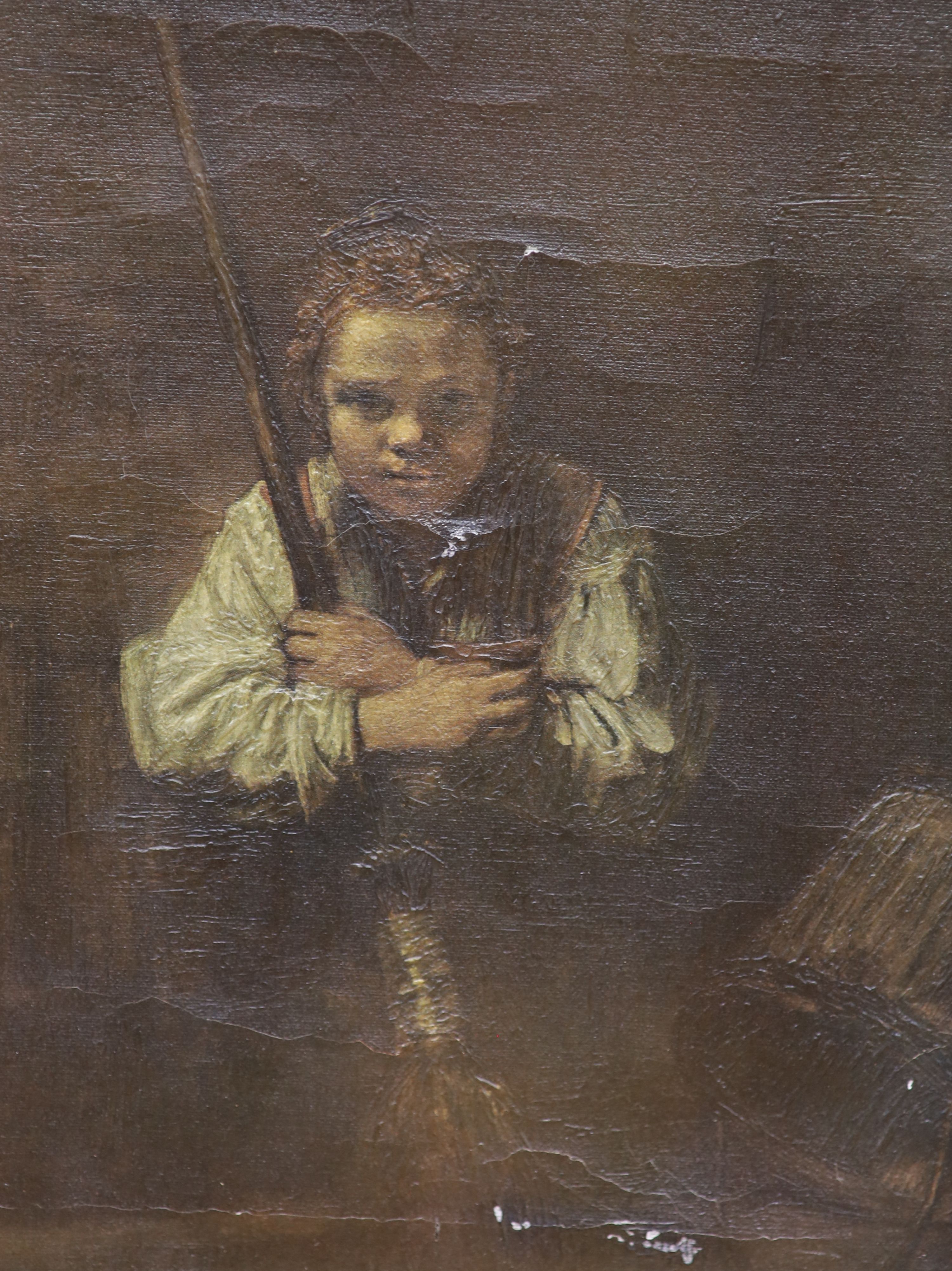 Victorian School, oil on canvas, Study of a boy angler, 24 x 19cm and an oleograph after Rembrandt